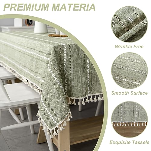 Meioro Sage Green Rustic Tablecloth 55x78 Rectangular Cotton Linen with Tassels – Embroidered Farmhouse Finish