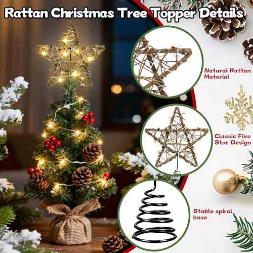 Christmas Tree Topper Rustic Christmas Tree Topper Star 6 Inch, Battery Operated Lighted Rattan Star Warm White Light Christmas Tree Decoration for Small Tabletop Christmas Trees