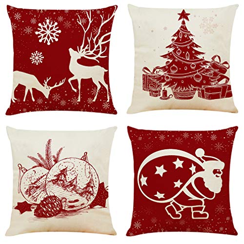 Ogrmar 4PCS 18"x18" Throw Pillow Covers Christmas Decorative Couch Pillow Cases Cotton Linen Square Cushion Cover for Sofa, Couch, Bed (Red and Beige)