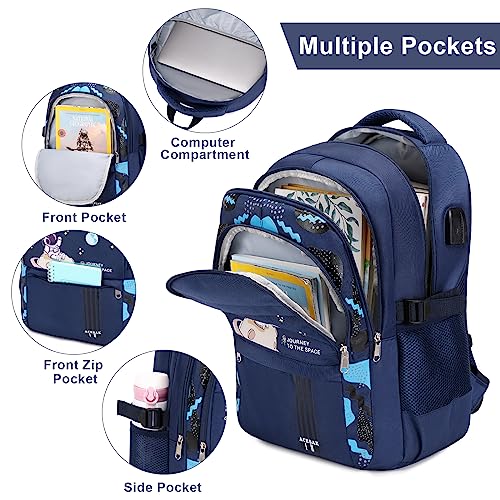 ACESAK Astronaut Backpack Set for Boys with Lunch Bag, 3-Piece Blue School Backpack