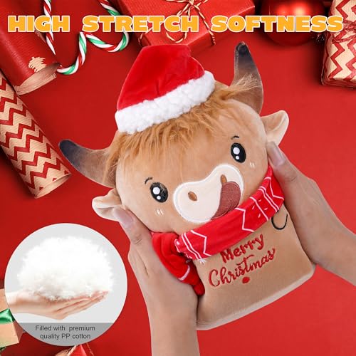 Christmas Cow Stuffed Animal: 8-Inch Cute Highland Cow Plush Toy with Festive Scarf Soft Plushie Pillow, Perfect Christmas Holiday Birthday Gifts for Kids Girls Boys