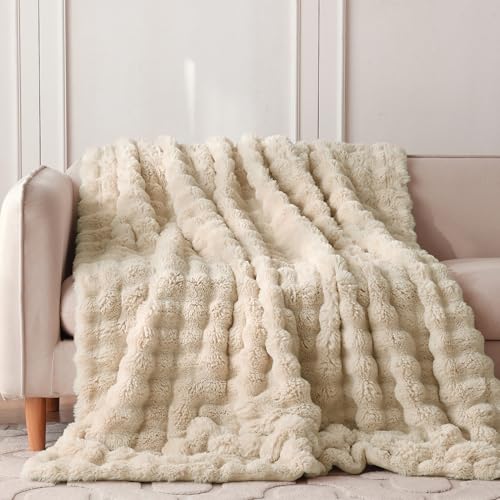 COOVA Soft Bubble Faux Fur Throw Blanket - Light Taupe 60x80 Inches