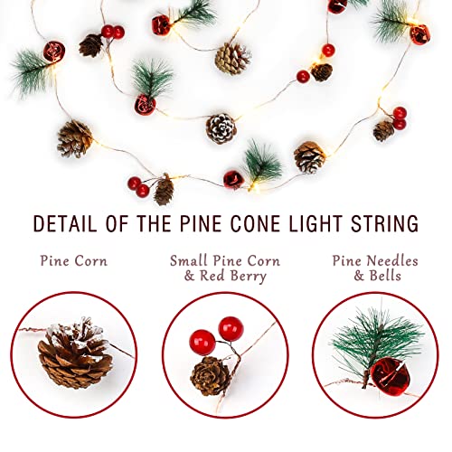 Christmas Garland with Lights, 10 Feet, 30 LED Lights, Pinecones, Red Berries, and Bells Decorations, Christmas Indoor Decorations for Home and Mantelpiece Door Frame Decorations