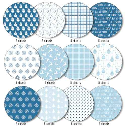 Whaline 60Pcs Christmas Pattern Paper Snowflake Snowman Scrapbook Specialty Paper Blue Decorative Craft Paper For Winter DIY Card Making Photo Album Journal Decoration, 5.5 x 8.3 Inch