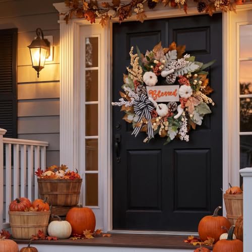 Fall Wreath for Front Door 22 Inch Autumn Harvest Decor with White Pumpkin & Ribbon Bow