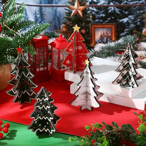 Bucherry Retro Green 3D Wooden Christmas Trees - Set of 5 Tabletop Holiday Decor