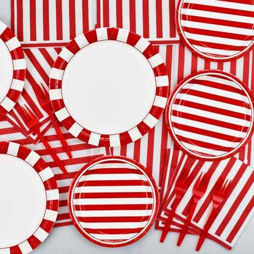 Carnival Circus Party Supplies, Red and White Strips Party Decorations, 81 Pcs Includes Plates, Napkins, Carnival Tablecloth, Forks, for Birthday, Carnival, Baby Shower, Christmas, Picnic, Serves 20