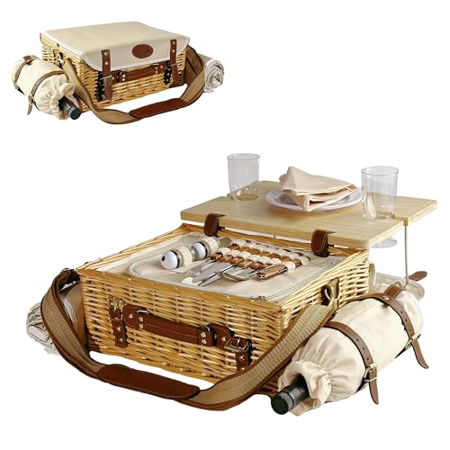 Nature2 Multifunctional Wicker Picnic Basket Set for 2 Adults with Blanket & Foldable Table - Outdoor Dining Kit