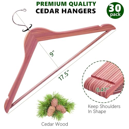 30 Pack Natural Red Cedar Wooden Suit Coat Hangers - Slim Space-Saving Design