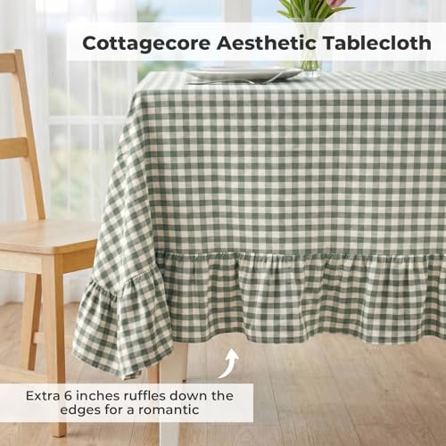 PartyDelight Sage Green Gingham Tablecloth with Ruffle 52x70 Inch Rectangular Farmhouse Decor