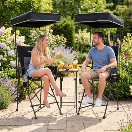 Black 27.5-Inch Tall Oversized Folding Camping Chair with Canopy & Footrest - Supports 300 lbs