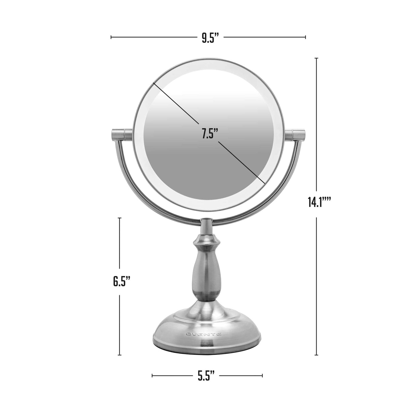 OVENTE 8" Lighted Tabletop Makeup Mirror with 1X/10X Magnification, Double Sided Vanity Mirror, 360° Swivel Design, 3-Tone Smart Touch Glow LED Lights with Auto Shut Off, Nickel Brushed MPT751BR1X10X