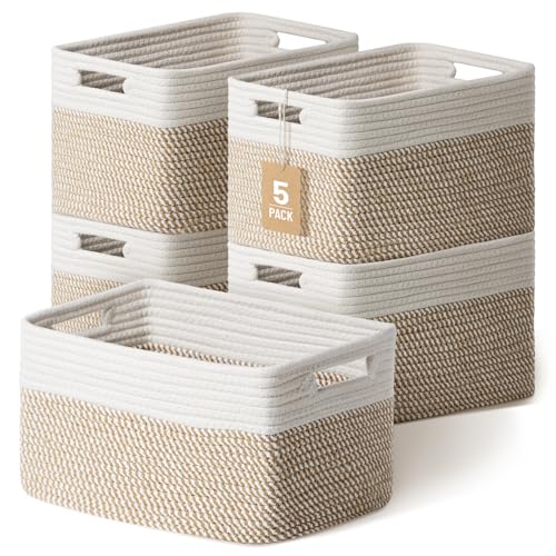 Woven Storage Baskets 5 Pack - Khaki & White Decorative Organizers