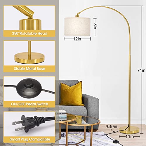 Gold Arc Floor Lamp for Living Room with Adjustable Drum Shade - Modern Tall Standing Light with Foot Switch
