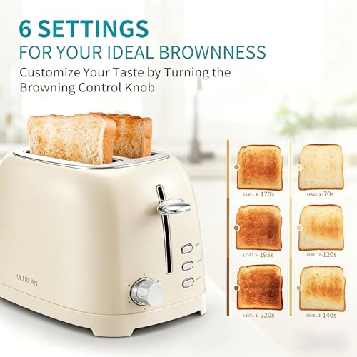 Ultrean Cream 2-Slice Toaster with Wide Slots, 6 Browning Levels & Removable Crumb Tray