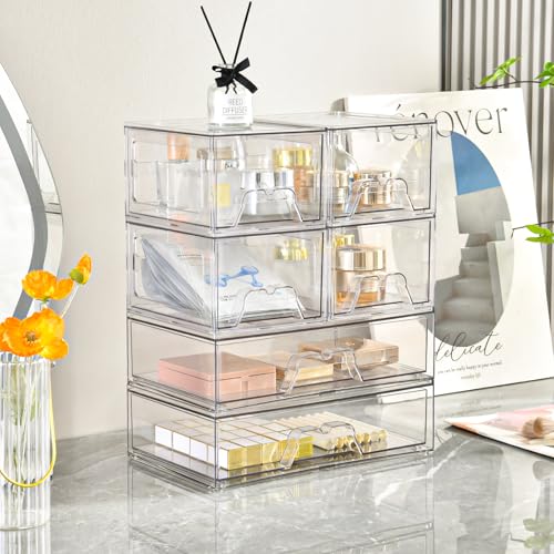 Stackable Clear Acrylic Makeup Organizer Drawers - 2 Middle + 2 Wide