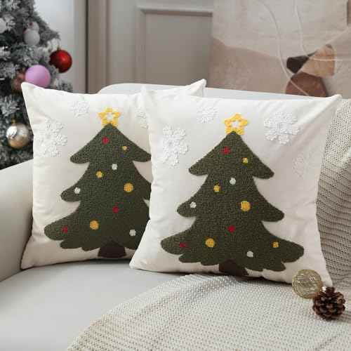Christmas Pillow Covers 18x18 inch Set of 2 Forest Green Christmas Tree Snowflakes Embroidery Velvet Throw Pillow Winter Holiday Christmas Decorations for Sofa Living Room PT-001A18