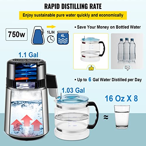 Water Distiller with Timing & Dual Temperature Display - 304 Stainless Steel, 0.3 Gal/H, 1.1 Gal Capacity, Glass Carafe, 3 Carbon Bags