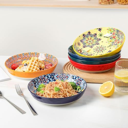 Large 30oz Colorful Ceramic Pasta Bowls Set of 6 - Bohemian Style Serving Dishes