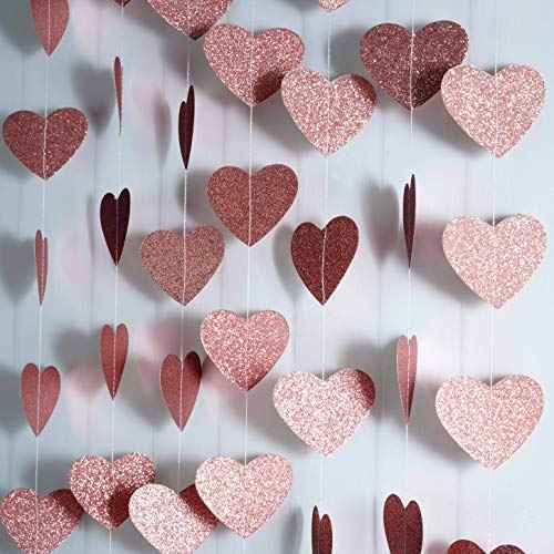 Rose Gold Valentines Love Heart Hanging Paper Garlands Decorations Wedding Bachelorette Party Ceiling Hangings Bridal Shower Engagement Party Favors, 26ft