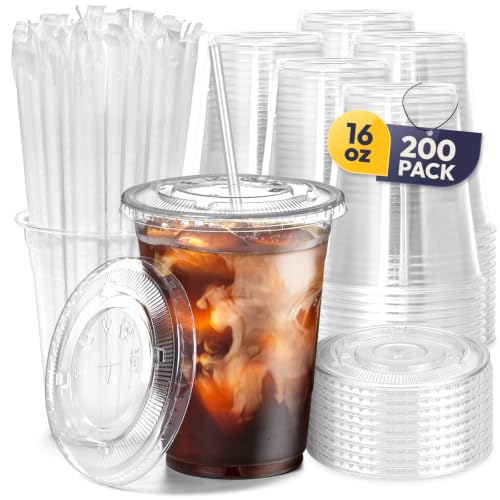 Fit Meal Prep 200 Pack 16 oz Plastic Iced Coffee Cups with Flat Lids