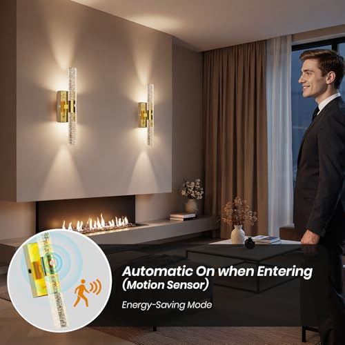 IRONPAX Wireless Rechargeable Wall Sconces Set of 2 - Brushed Gold with Bubble Crystal, Dimmable LED Lights with Remote, No Hardwiring Needed