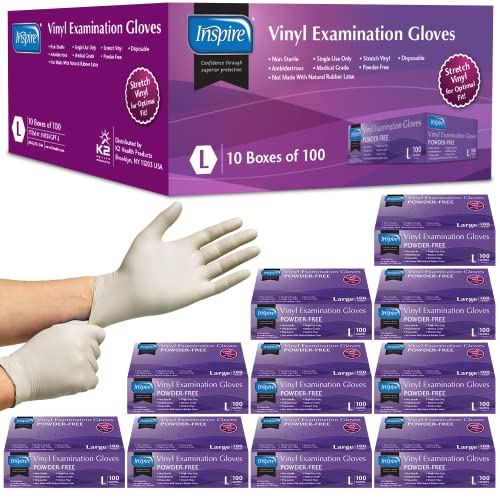 Inspire Large Vinyl Exam Gloves Pack of 1000 - Latex-Free Medical Disposable Gloves for Healthcare & Food Service