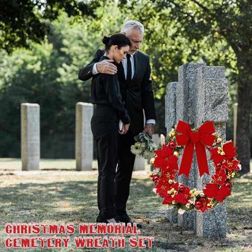 Crowye 24'' Christmas Cemetery Wreath with Stand - Poinsettia Decoration