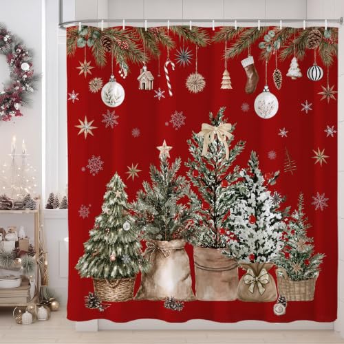Baccessor Christmas Shower Curtain 72x72 Inches Red Pine Tree Holiday Bathroom Decor