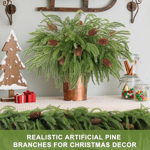LELEE 18Pcs Christmas Norfolk Pine Branches with Pinecones - 12 Branches + 6 Pine Cones, 17.7 in, Wreath & Garland Craft Picks
