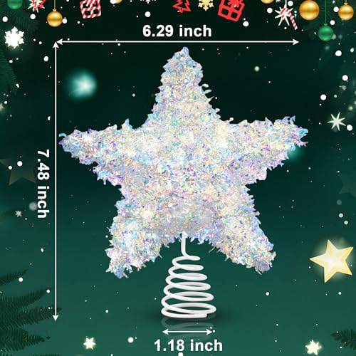 Iridescent Christmas Tree Topper Star - 6 Inch Shiny Holiday Decor with Timer & Warm Lights