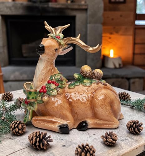 Cosmos Gifts Ceramic Reindeer with Pine Cone Christmas Figurine - 9.5" Holiday Decor