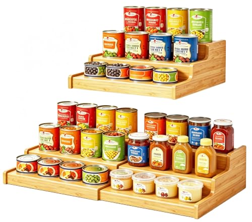 Expandable Bamboo Can Organizer for Pantry - 3-Tier Canned Food Storage