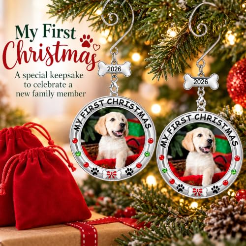 BANBERRY DESIGNS My First Christmas Dog Photo Ornament Set of 2 (2026) – Includes 2 Storage Bags, Non-Customized