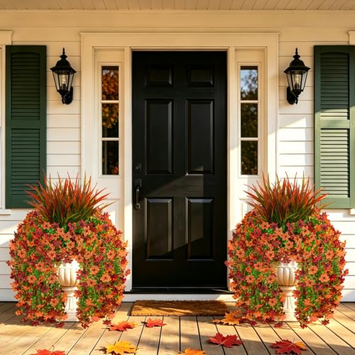 Artificial Fall Hanging Flowers - Faux Mums with Grass, Brown Red, 6-Petaled, 7PCS