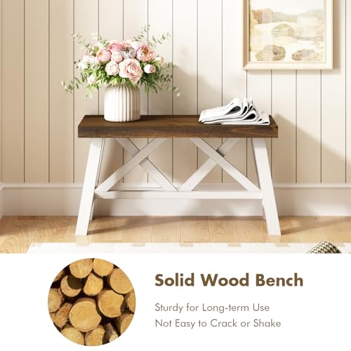 Wnutrees 30-inch White Farmhouse Solid Wood Entryway Bench, Rustic Style