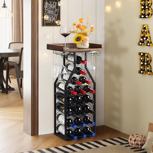 Freestanding Wine Rack for 19 Bottles with Glass Holder and Wooden Tabletop