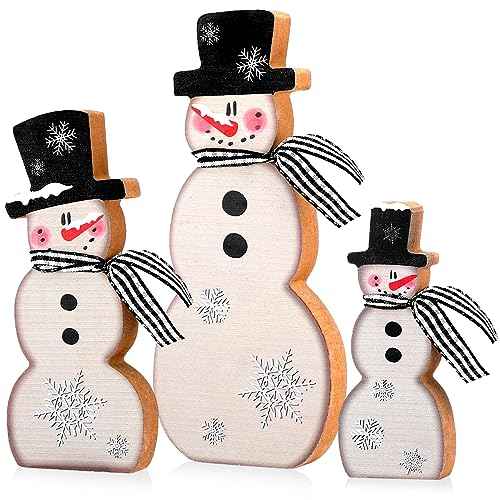 Suzile 3 Pcs Christmas Snowman Tabletop Decor Winter Wooden Table Decorations Rustic Snowman Table Centerpieces Farmhouse Winter Block Sign for Home Fireplace Mantel Holiday Party