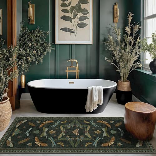 2' x 6' Dark Green Washable Runner Rug for Hallway and Kitchen, Non Slip Floral Indoor Floor Mat
