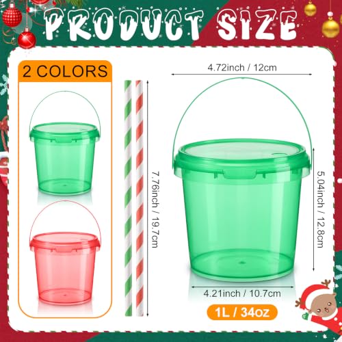 Funnymoom 32 Pcs Christmas Red & Green Drink Buckets with Lids & Straws, 34 Oz / 1 L