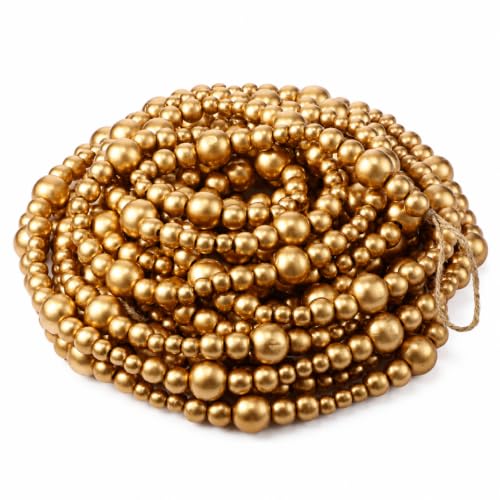 Zeyune Gold Christmas Beads Garland 66 Feet Rustic Wooden Holiday Decor