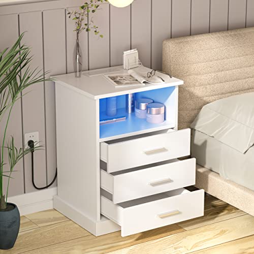 Nightstand with Charging Station & LED Lights - White End Table with 3 Drawers - Variation: White / One Nightstand