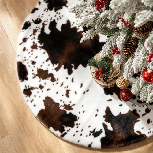 48 Inch Faux Fur Christmas Tree Skirt Black Cow Xmas Decoration for Holiday Decor