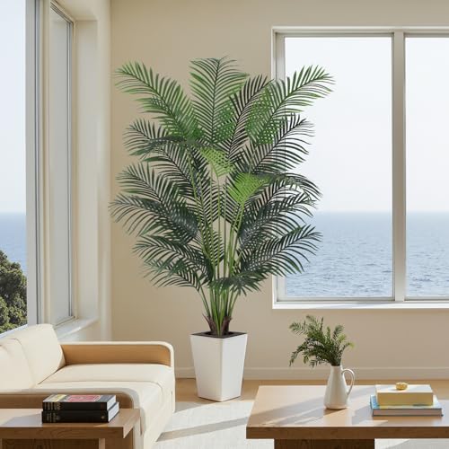 7ft Artificial Palm Tree with White Tall Planter, Lifelike Indoor Outdoor Decor
