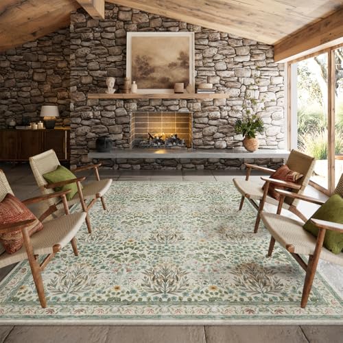 Beige 8x10 Vintage Floral Washable Area Rug for Living & Dining Rooms