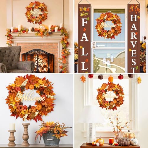 22 Inch Fall Wreath with Lights - Autumn Front Door Decor, 1 Pack