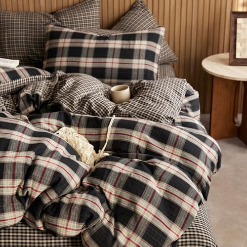 EAVD Vintage Buffalo Plaid Duvet Cover Queen - Black, Red & Green, 3-Piece Set, Reversible