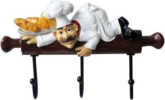 Fat Chef Figurine Wall Hooks - Cute Kitchen & Bakery Decor for Oven Gloves & Aprons