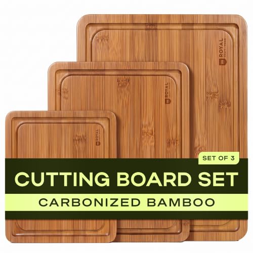 Carbonized Bamboo Cutting Board Set - 3-Piece Kitchen Chopping & Serving Boards with Juice Grooves