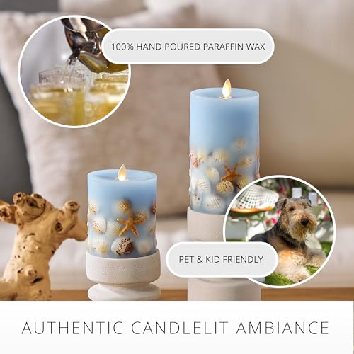 Luminara 6.5 Inch Unscented Flameless Candle with Moving Flame - Coastal Seashell & Starfish Chambray